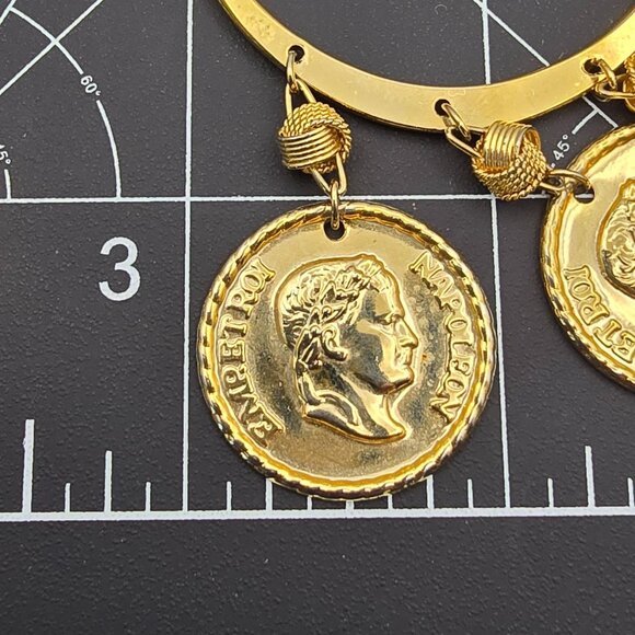 VTG Gold Coin Napoleon Empereur Dangle Hoop Post Earrings 3" Statement 1980s - Picture 7 of 10